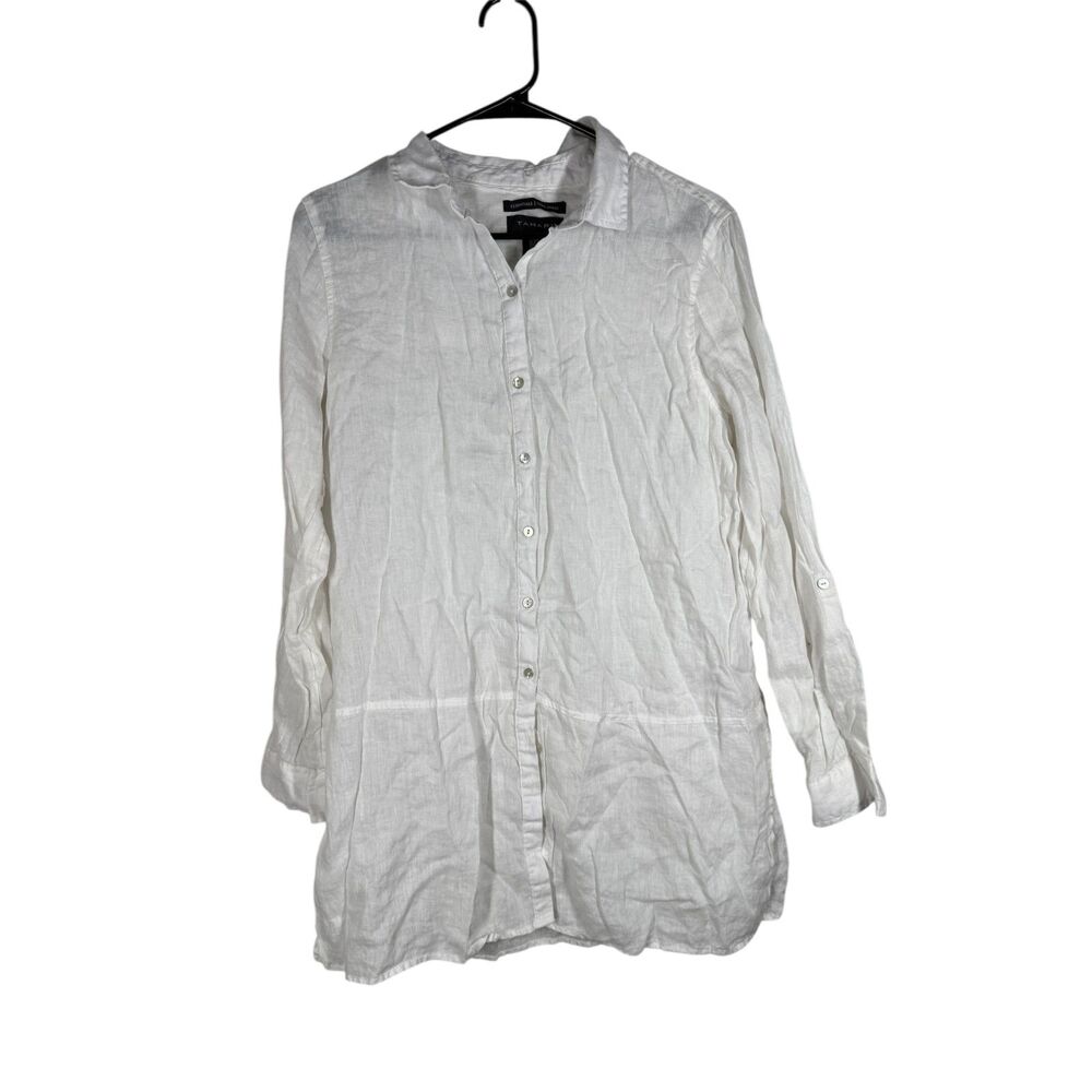 Tahari 100% Linen White Tunic Top Womens Sz M Button Up Beachy Minimalist